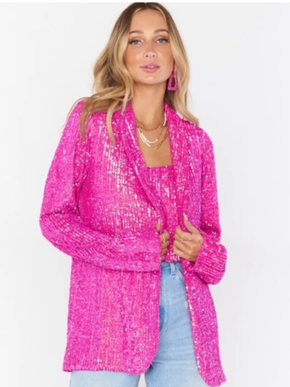 Show Me Your Mumu Pink Disco Sequin Blazer Jacket Boho Bright Pink